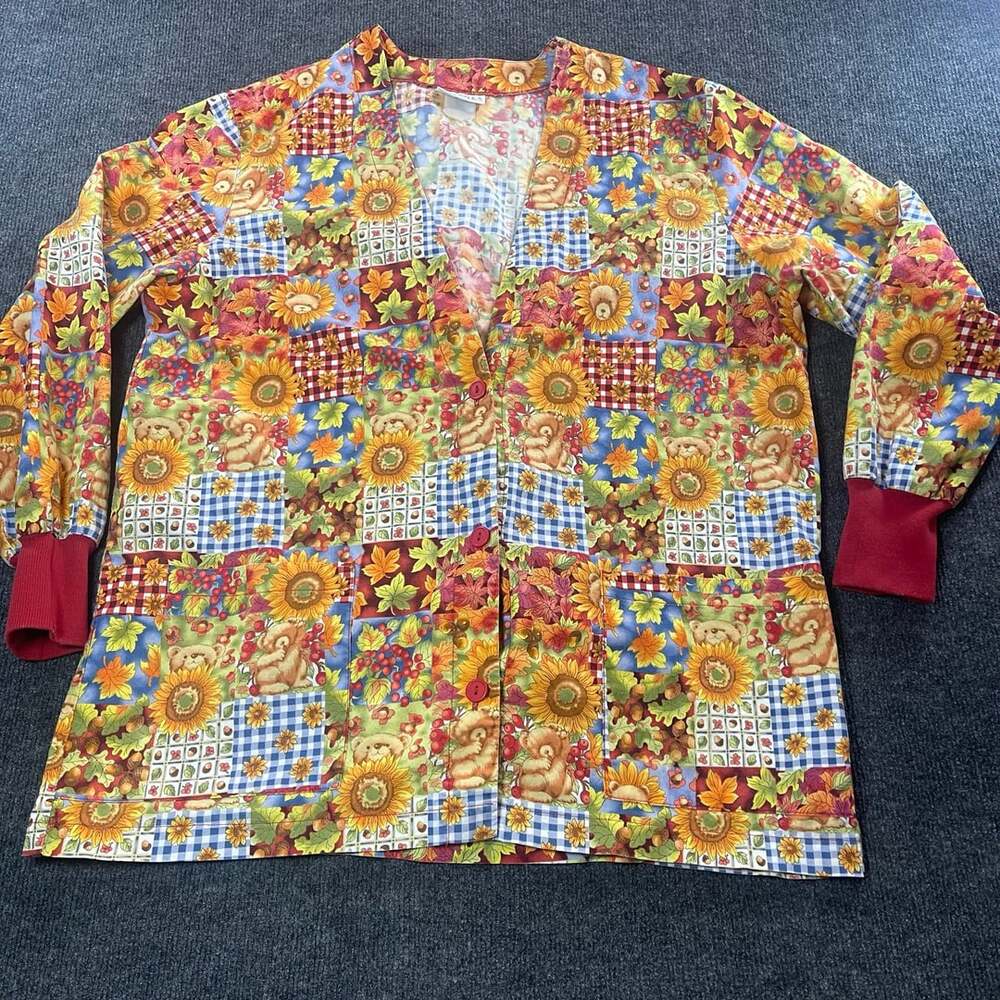 Peaches Uniforms Scrub Jacket Size XL Patchwork Bears Sunflowers
